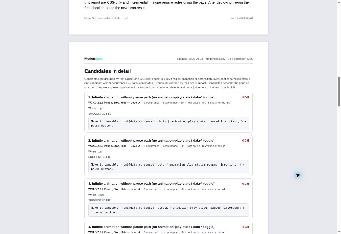 Screenshot of actual MotionSpec report findings and suggested fixes, captured September 29, 2026.